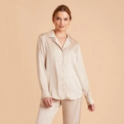 Jonny Satin Long Sleeve Pajama Top - Champagne -Elegance Bridal Store champagne jonny satin long sleeve top bridesmaid pajamas 02 1