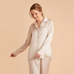 Jonny Satin Long Sleeve Pajama Top - Champagne -Elegance Bridal Store champagne jonny satin long sleeve top bridesmaid pajamas 03 1