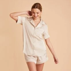 Jonny Satin Pajama Set - Champagne -Elegance Bridal Store champagne jonny satin short sleeve top bridesmaid pajamas 04 1