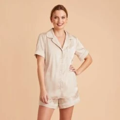Jonny Satin Short Sleeve Pajama Top - Champagne -Elegance Bridal Store champagne jonny satin short sleeve top bridesmaid pajamas 05