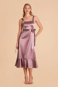 Eugenia Shiny Satin Convertible Midi Dress - Dark Mauve