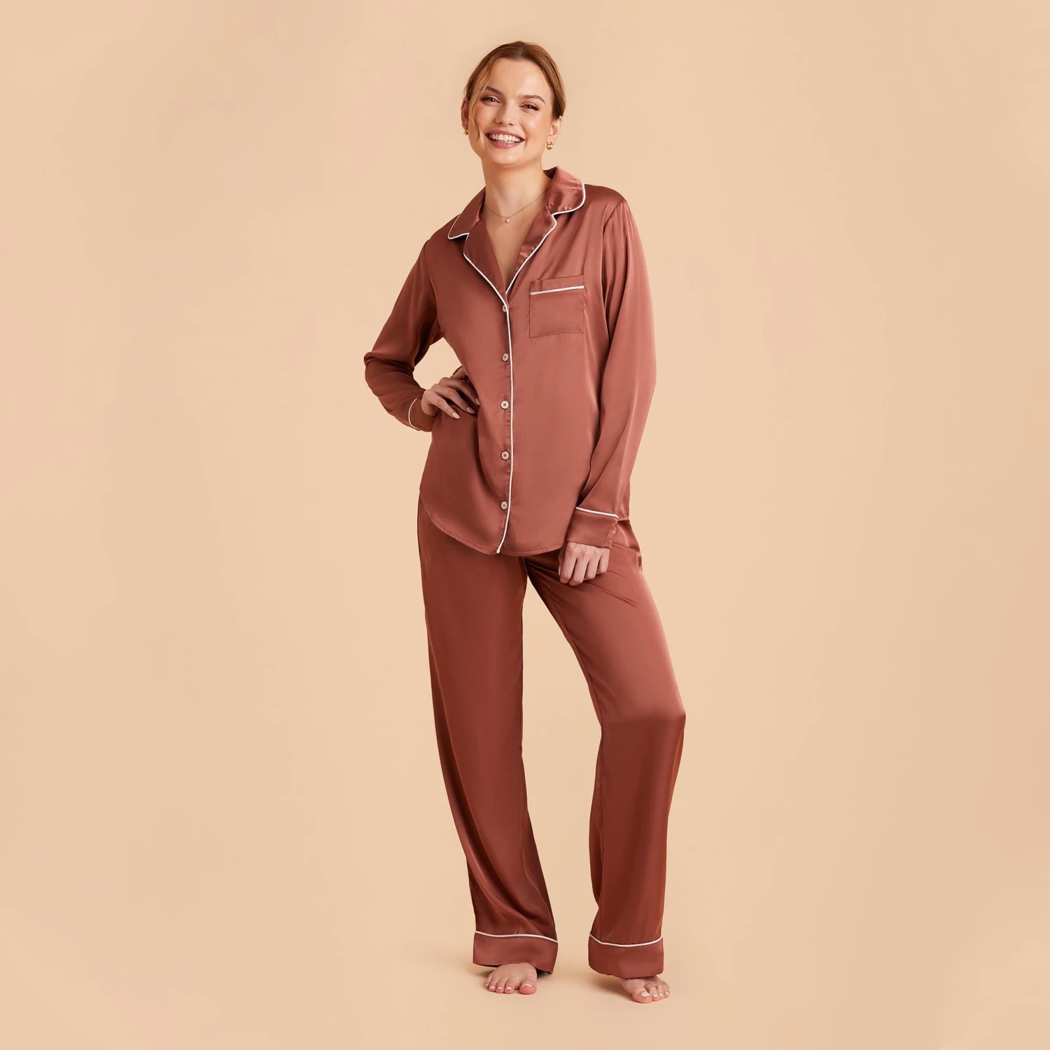 Jonny Long Sleeves And Pants Satin PJ Set - Desert Rose 3 Jonny Long Sleeves And Pants Satin PJ Set - Desert Rose