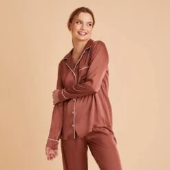 Jonny Satin Long Sleeve Pajama Top - Desert Rose -Elegance Bridal Store desert rose jonny satin long sleeve top bridesmaid pajamas 03 1