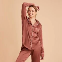 Jonny Long Sleeves And Pants Satin PJ Set - Desert Rose 20 Jonny Long Sleeves And Pants Satin PJ Set - Desert Rose -Elegance Bridal Store desert rose jonny satin long sleeve top bridesmaid pajamas 04