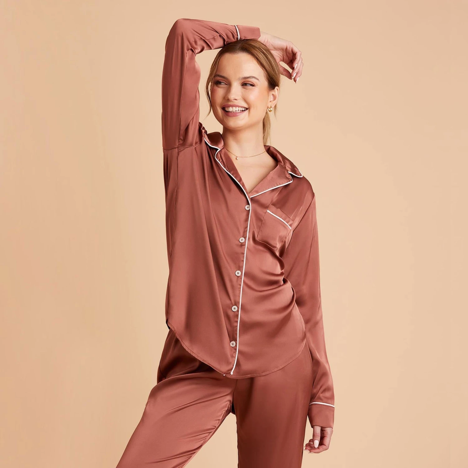 Jonny Long Sleeves And Pants Satin PJ Set - Desert Rose 5 Jonny Long Sleeves And Pants Satin PJ Set - Desert Rose - Image 3