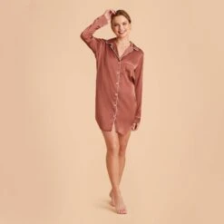 Kamryn Satin Sleepshirt - Desert Rose -Elegance Bridal Store desert rose kamryn satin sleep shirt bridesmaid pajamas 06