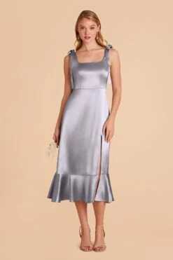 Eugenia Shiny Satin Convertible Midi Dress - Dusty Blue -Elegance Bridal Store dusty blue eugenia convertible satin bridesmaid dress 02