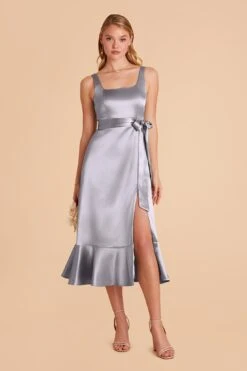 Eugenia Shiny Satin Convertible Midi Dress - Dusty Blue -Elegance Bridal Store dusty blue eugenia convertible satin bridesmaid dress 03