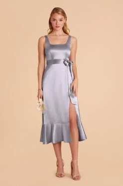 Eugenia Shiny Satin Convertible Midi Dress - Dusty Blue -Elegance Bridal Store dusty blue eugenia convertible satin bridesmaid dress 04