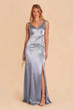 Gloria Shiny Satin Dress - Dusty Blue