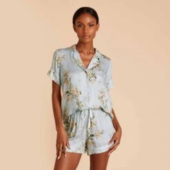 Jonny Floral Pajama Set - Dusty Blue Floral Meadow -Elegance Bridal Store dusty blue jonny floral pj set bridesmaid pajamas 01