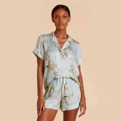 Jonny Floral Pajama Set - Dusty Blue Floral Meadow -Elegance Bridal Store dusty blue jonny floral pj set bridesmaid pajamas 03