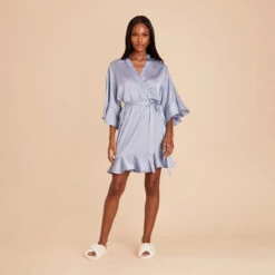 Kenny Ruffle Satin Robe - Dusty Blue -Elegance Bridal Store dusty blue kenny satin ruffle bridesmaid robe 01
