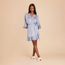 Kenny Ruffle Satin Robe - Dusty Blue -Elegance Bridal Store dusty blue kenny satin ruffle bridesmaid robe 02