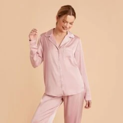 Jonny Long Sleeves And Pants Satin PJ Set - Dusty Pink -Elegance Bridal Store dusty pink jonny satin long sleeve top bridesmaid pajamas 01 1