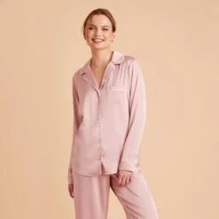 Jonny Satin Long Sleeve Pajama Top - Dusty Pink -Elegance Bridal Store dusty pink jonny satin long sleeve top bridesmaid pajamas 02