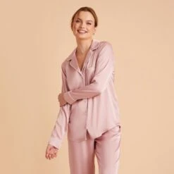 Jonny Long Sleeves And Pants Satin PJ Set - Dusty Pink -Elegance Bridal Store dusty pink jonny satin long sleeve top bridesmaid pajamas 03 1