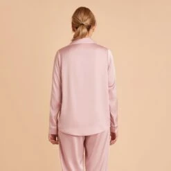 Jonny Long Sleeves And Pants Satin PJ Set - Dusty Pink -Elegance Bridal Store dusty pink jonny satin long sleeve top bridesmaid pajamas 05 1