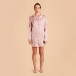 Kamryn Satin Sleepshirt - Dusty Pink -Elegance Bridal Store dusty pink kamryn satin sleep shirt bridesmaid pajamas 01