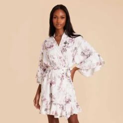 Kenny Floral Ruffle Robe - Dusty Pink Peonies -Elegance Bridal Store dusty pink peonies kenny satin ruffle bridesmaid robe 02
