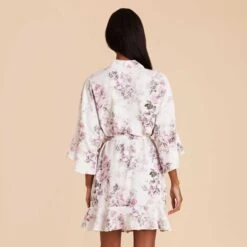 Kenny Floral Ruffle Robe - Dusty Pink Peonies -Elegance Bridal Store dusty pink peonies kenny satin ruffle bridesmaid robe 06