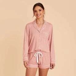 Jonny Long Sleeve Pajama Set - Dusty Rose -Elegance Bridal Store dusty rose jonny long sleeve bridesmaid pajama set 02