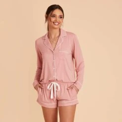 Jonny Long Sleeve Pajama Set - Dusty Rose -Elegance Bridal Store dusty rose jonny long sleeve bridesmaid pajama set 03