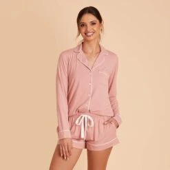 Jonny Long Sleeve Pajama Set - Dusty Rose -Elegance Bridal Store dusty rose jonny long sleeve bridesmaid pajama set 04