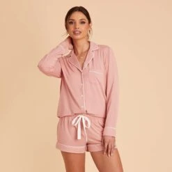 Jonny Long Sleeve Pajama Set - Dusty Rose -Elegance Bridal Store dusty rose jonny long sleeve bridesmaid pajama set 07