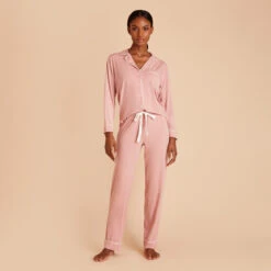 Jonny Long Sleeve Pajama And Pants Set - Dusty Rose -Elegance Bridal Store dusty rose jonny long sleeve pants set bridesmaid pajamas 02