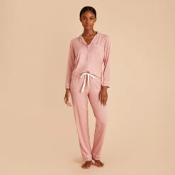Jonny Long Sleeve Pajama And Pants Set - Dusty Rose -Elegance Bridal Store dusty rose jonny long sleeve pants set bridesmaid pajamas 03