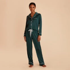 Jonny Long Sleeves And Pants Satin PJ Set - Emerald 14 Jonny Long Sleeves And Pants Satin PJ Set - Emerald -Elegance Bridal Store emerald jonny satin long sleeve pants set bridesmaid pajamas 03