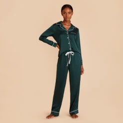 Jonny Long Sleeves And Pants Satin PJ Set - Emerald 15 Jonny Long Sleeves And Pants Satin PJ Set - Emerald -Elegance Bridal Store emerald jonny satin long sleeve pants set bridesmaid pajamas 04