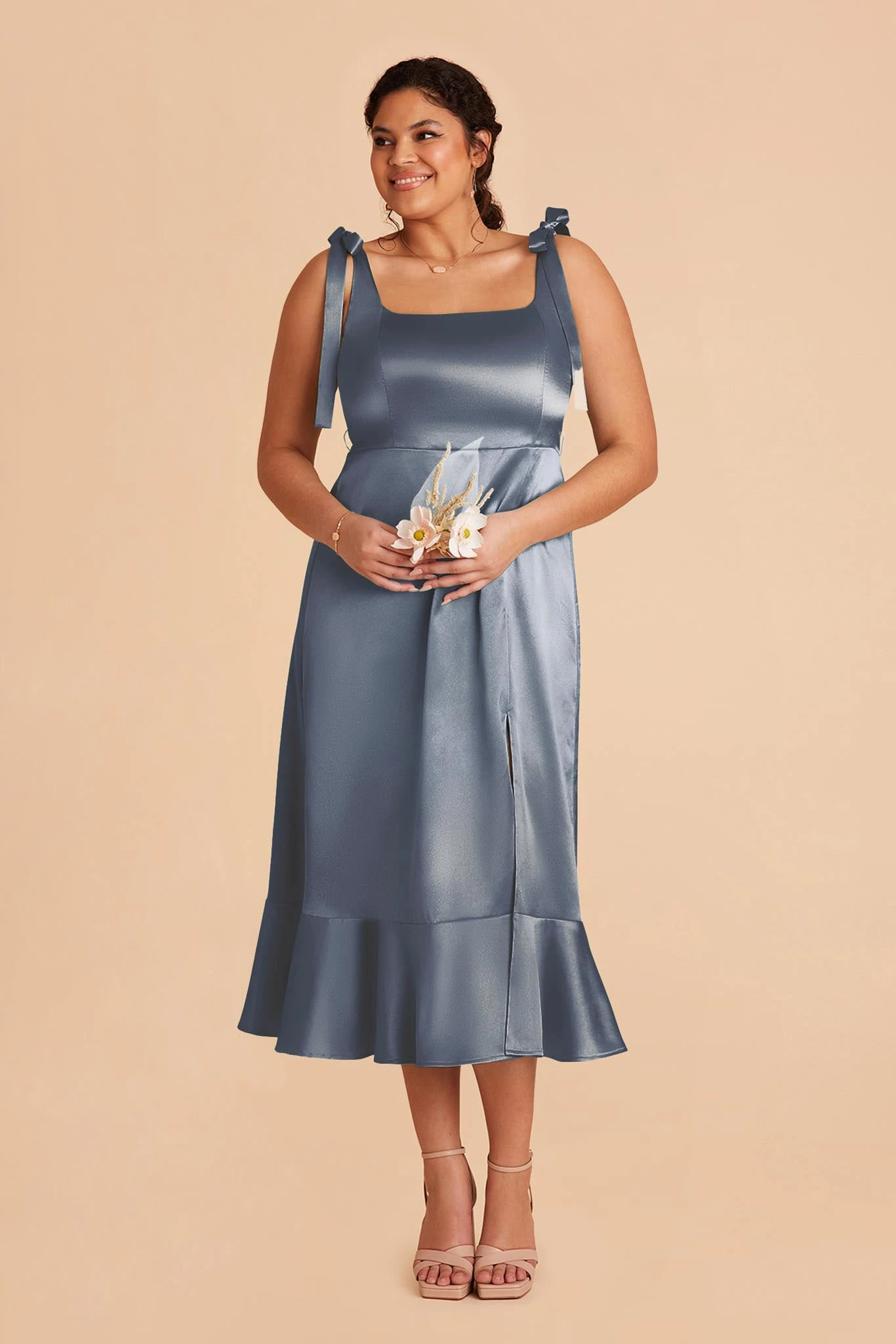 Eugenia Shiny Satin Convertible Midi Dress - French Blue - Image 2
