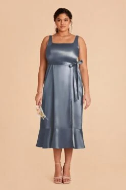 Eugenia Shiny Satin Convertible Midi Dress - French Blue -Elegance Bridal Store french blue eugenia convertible plus size satin bridesmaid dress 02