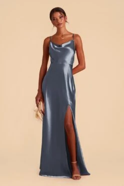 Lisa Long Shiny Satin Dress - French Blue -Elegance Bridal Store french blue lisa slit satin bridesmaid dress 02