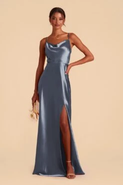 Lisa Long Shiny Satin Dress - French Blue -Elegance Bridal Store french blue lisa slit satin bridesmaid dress 03