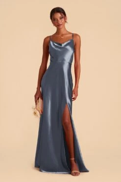 Lisa Long Shiny Satin Dress - French Blue -Elegance Bridal Store french blue lisa slit satin bridesmaid dress 04