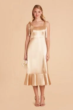 Eugenia Shiny Satin Convertible Midi Dress - Gold -Elegance Bridal Store gold eugenia convertible satin bridesmaid dress 01