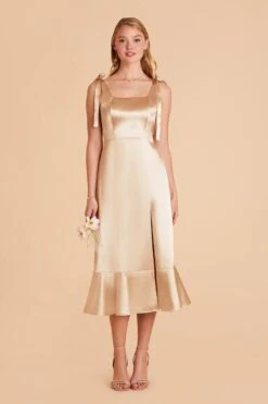 Eugenia Shiny Satin Convertible Midi Dress - Gold -Elegance Bridal Store gold eugenia convertible satin bridesmaid dress 02