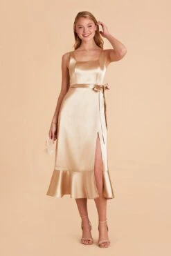 Eugenia Shiny Satin Convertible Midi Dress - Gold -Elegance Bridal Store gold eugenia convertible satin bridesmaid dress 05