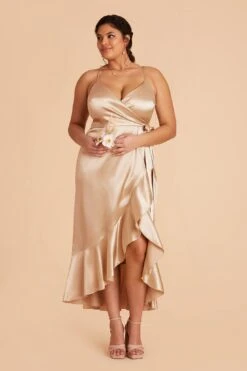 YC Shiny Satin Midi Dress - Gold -Elegance Bridal Store gold yc plus size satin bridesmaid dress 02
