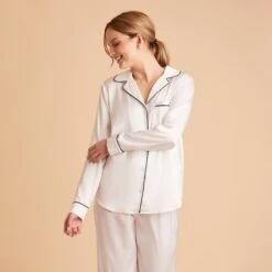 Jonny Long Sleeves And Pants Satin PJ Set - Ivory 21 Jonny Long Sleeves And Pants Satin PJ Set - Ivory -Elegance Bridal Store ivory jonny satin long sleeve top bridesmaid pajamas 02 1