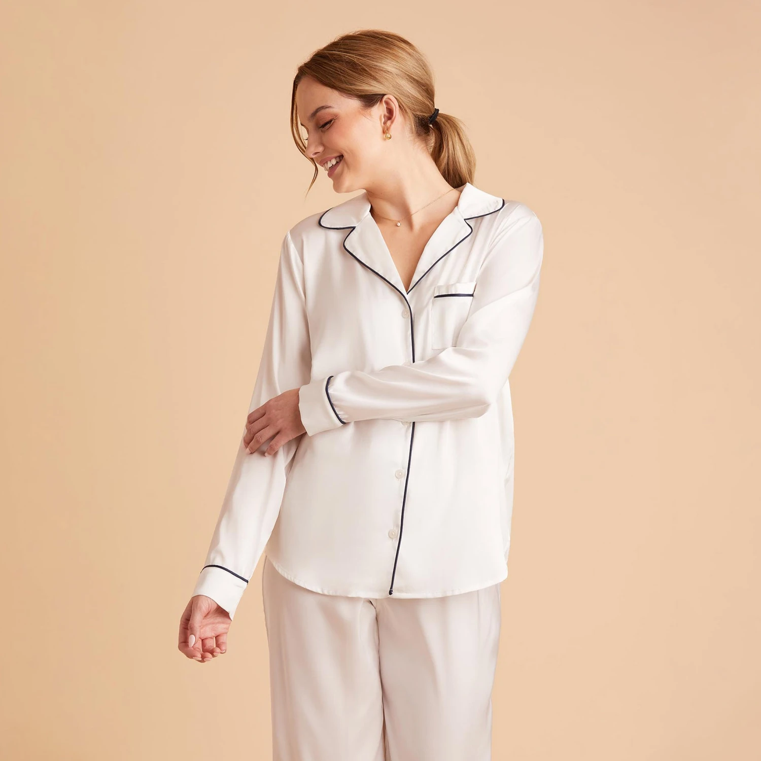Jonny Long Sleeves And Pants Satin PJ Set - Ivory 8 Jonny Long Sleeves And Pants Satin PJ Set - Ivory - Image 6