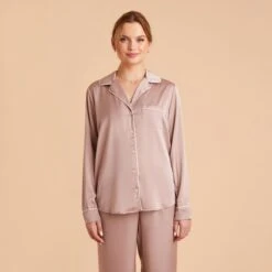 Jonny Satin Long Sleeve Pajama Top - Mauve Taupe -Elegance Bridal Store mauve taupe jonny satin long sleeve top bridesmaid pajamas 01 1