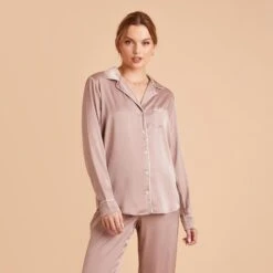 Jonny Long Sleeves And Pants Satin PJ Set - Mauve Taupe 27 Jonny Long Sleeves And Pants Satin PJ Set - Mauve Taupe -Elegance Bridal Store mauve taupe jonny satin long sleeve top bridesmaid pajamas 02