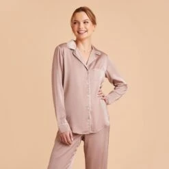 Jonny Satin Long Sleeve Pajama Top - Mauve Taupe -Elegance Bridal Store mauve taupe jonny satin long sleeve top bridesmaid pajamas 03 1