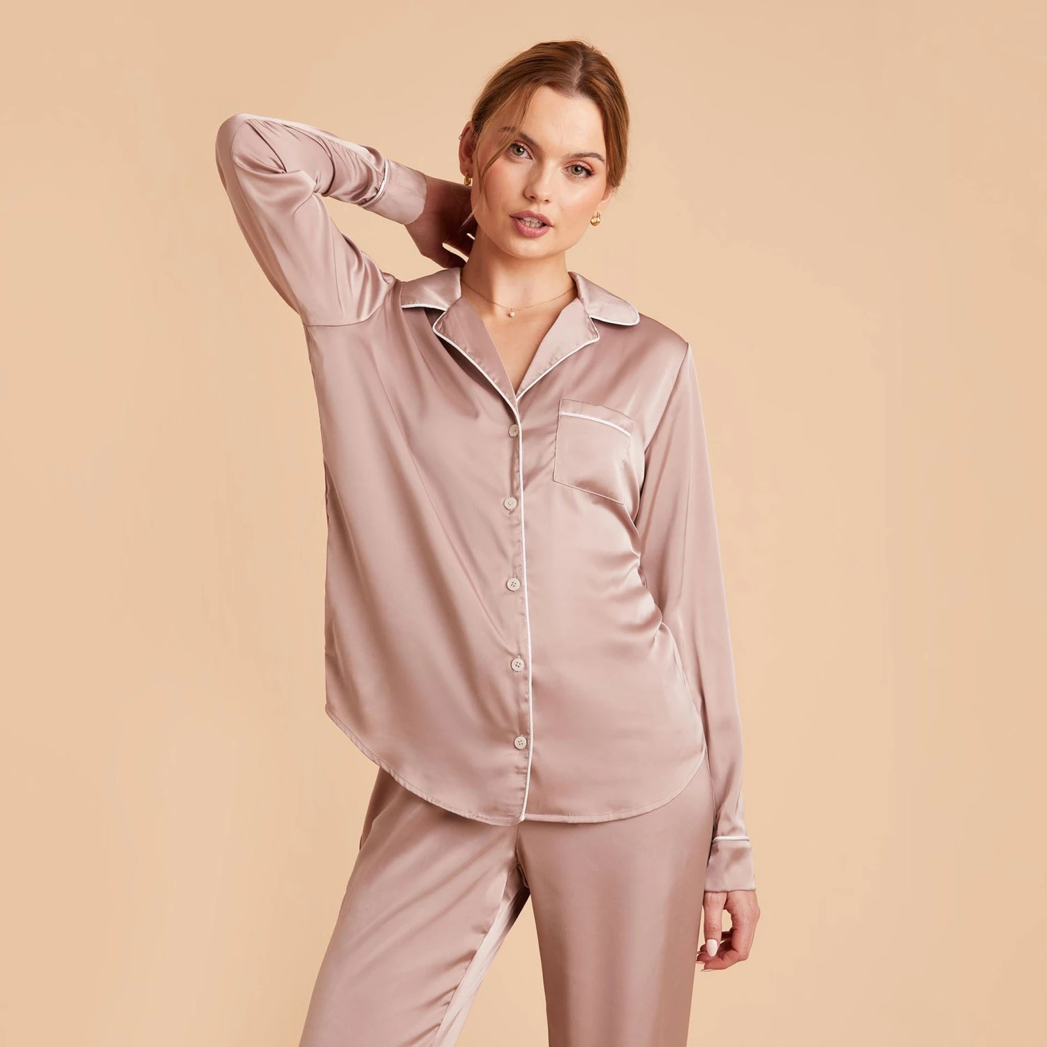 Jonny Long Sleeves And Pants Satin PJ Set - Mauve Taupe 4 Jonny Long Sleeves And Pants Satin PJ Set - Mauve Taupe - Image 2