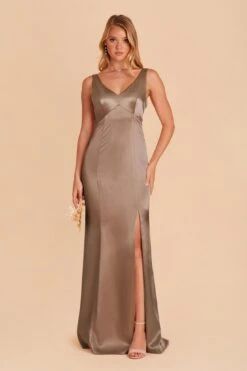 Gloria Shiny Satin Dress - Mocha