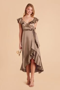 James Shiny Satin Midi Dress - Mocha -Elegance Bridal Store mocha james satin bridesmaid dress 02